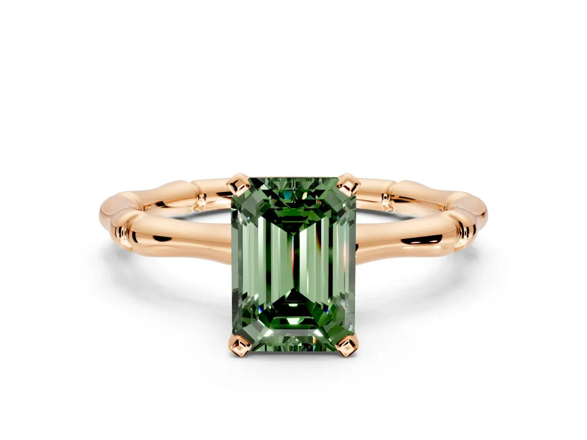 Solitaire Engagement Ring Setting for Fancy Green Emerald Cut Center with Bamboo Band and Prong Head in Rose Gold
