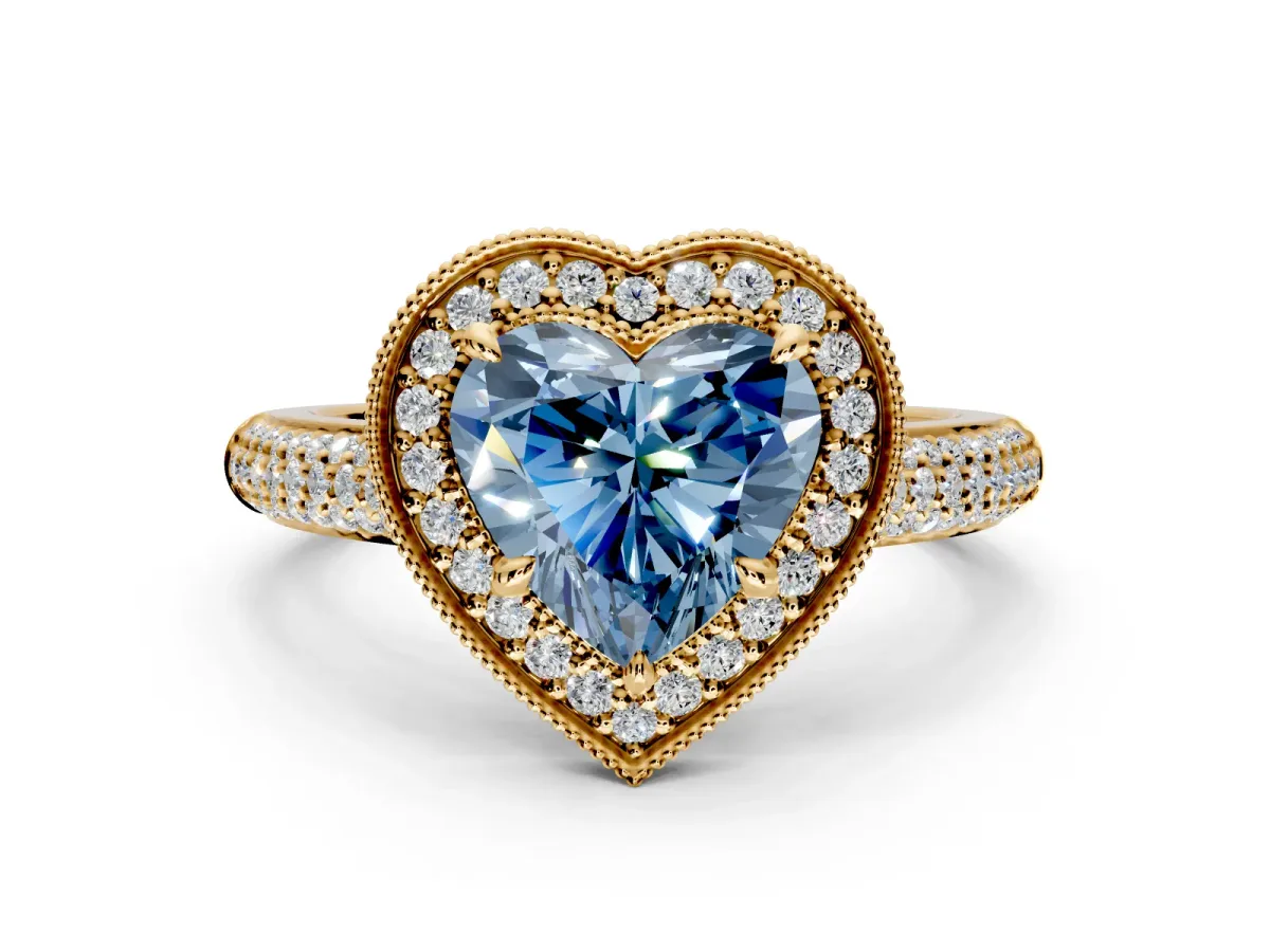 Milgrain Halo Engagement Ring Setting for Fancy Blue Heart-Shaped Center with Three-Sided Pave Band and Prong Head in Yellow Gold