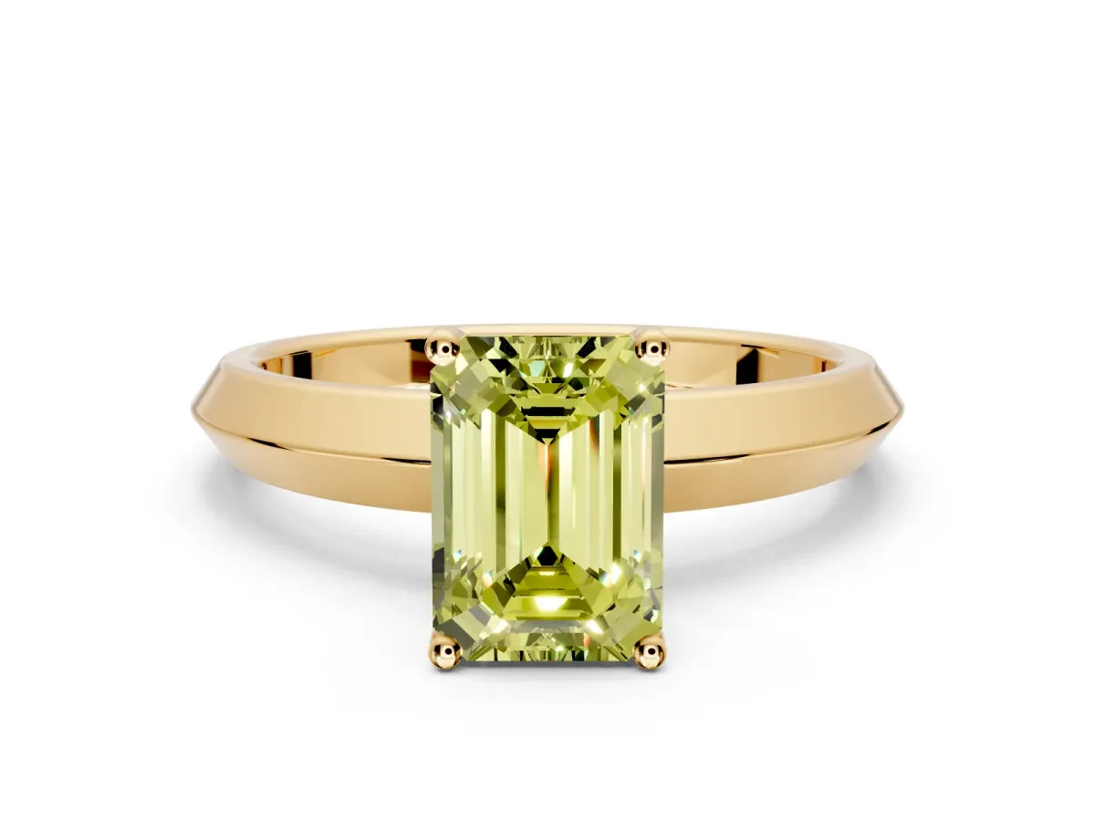 Solitaire Engagement Ring Setting for Fancy Yellow Emerald Cut Center with Wide Knife Ridge Band and Prong Head in Yellow Gold