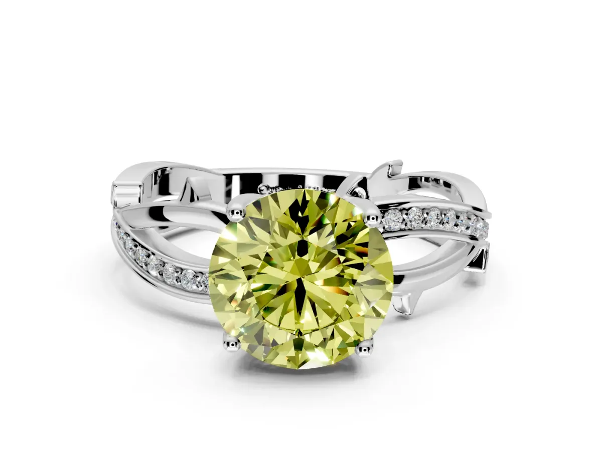 Solitaire Engagement Ring Setting for Fancy Yellow Round Cut Center with Pave and Plain Crossover Band and Prong Head in Sterling Silver
