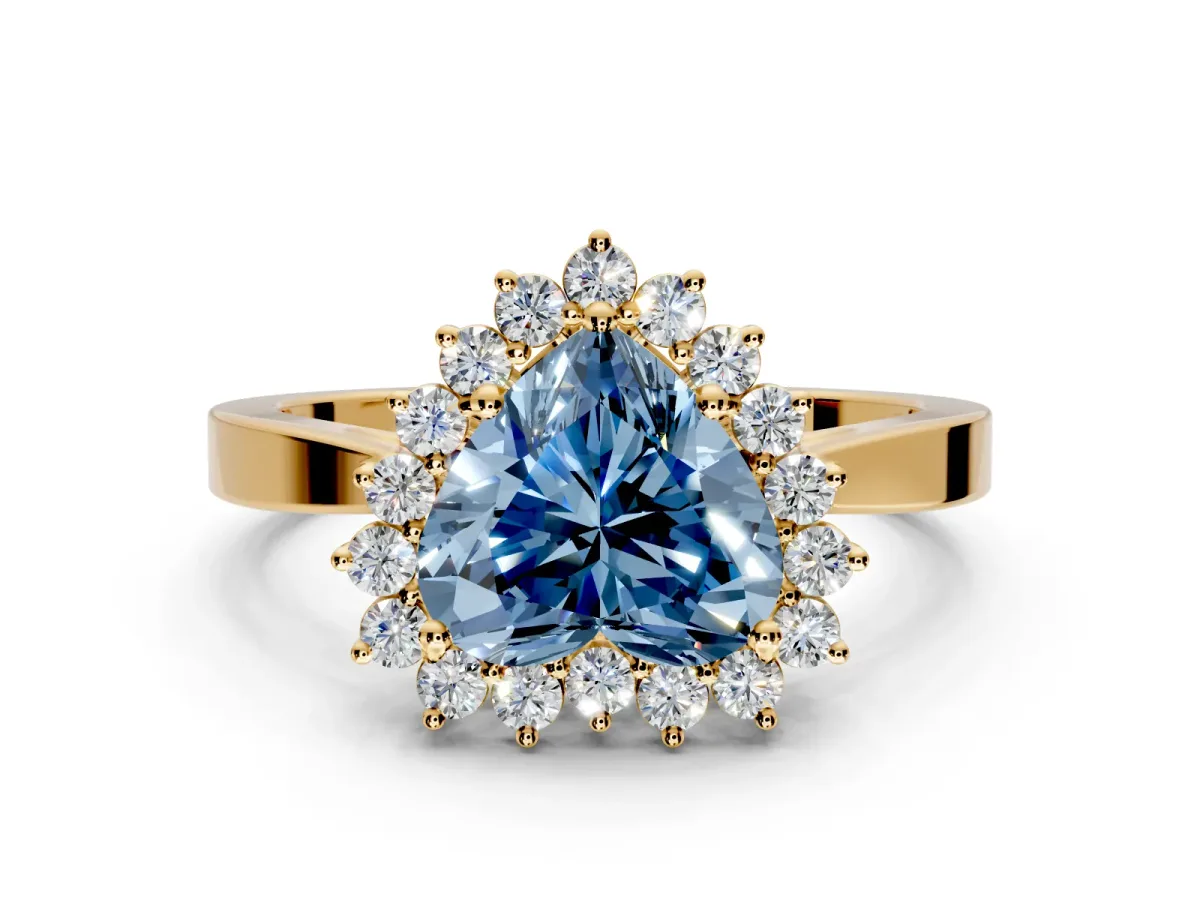 Starburst Halo Engagement Ring Setting for Fancy Blue Heart-Shaped Center with Flat Cathedral Band and Prong Head in Yellow Gold