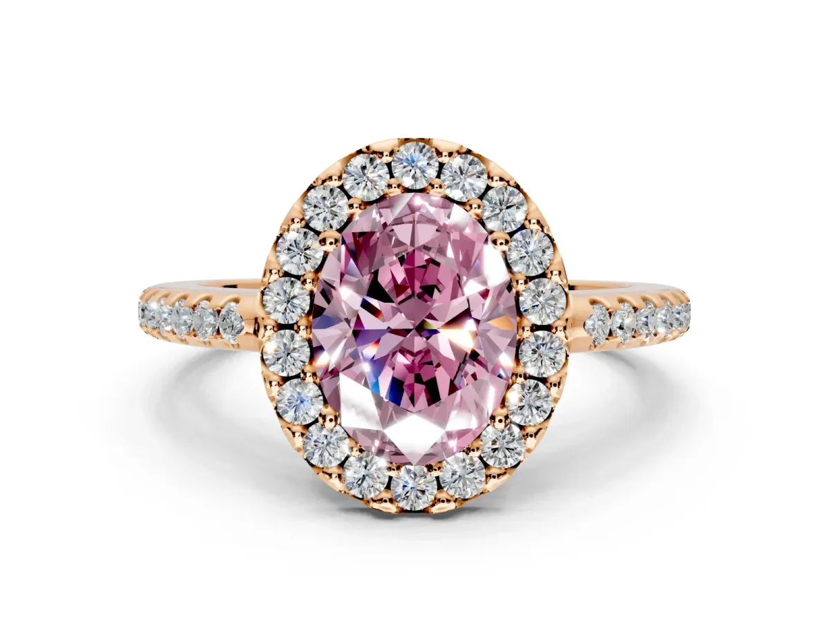 Pave Halo Engagement Ring Setting for Fancy Pink Oval Center with Single Row Pave Band and Prong Head in Rose Gold