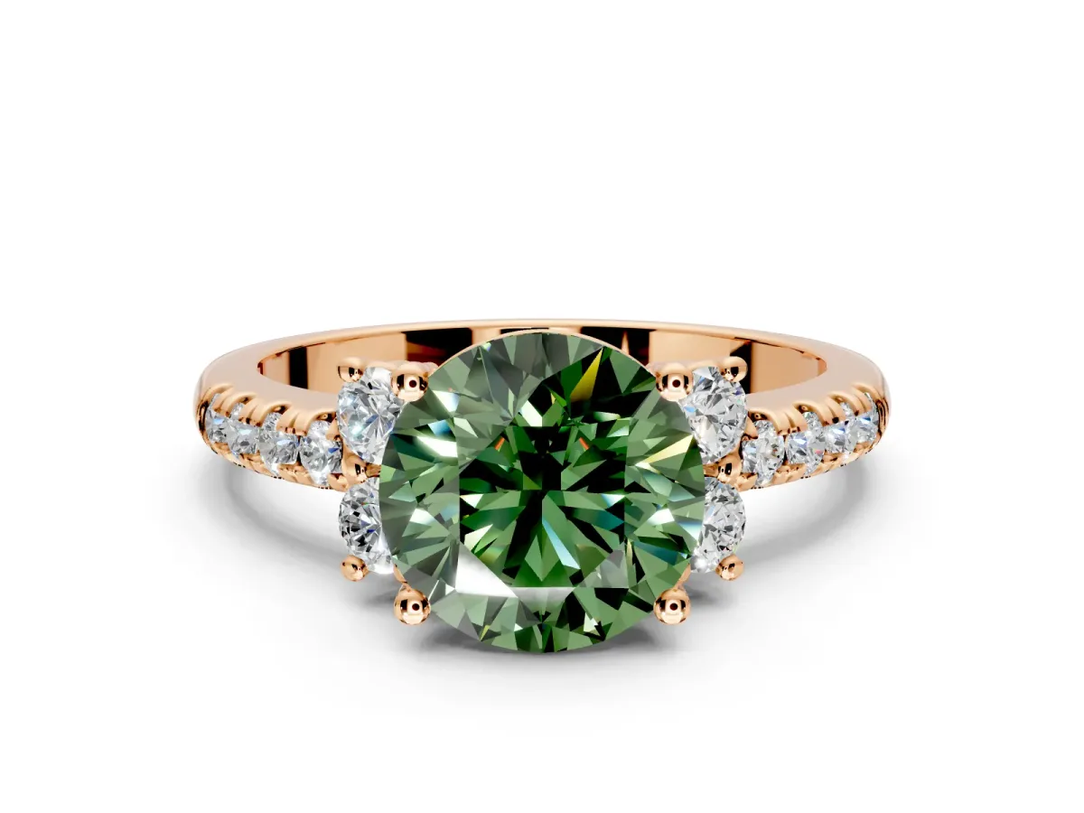 Paired Accent Engagement Ring Setting for Fancy Green Round Cut Center with Pave Band and Prong Head in Rose Gold