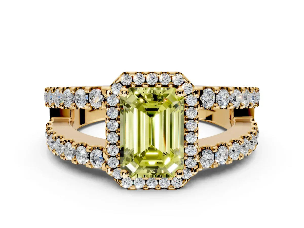 Halo Engagement Ring Setting for Fancy Yellow Emerald Cut Center with Wide-Open Pave Split Shank and Prong Head in Yellow Gold