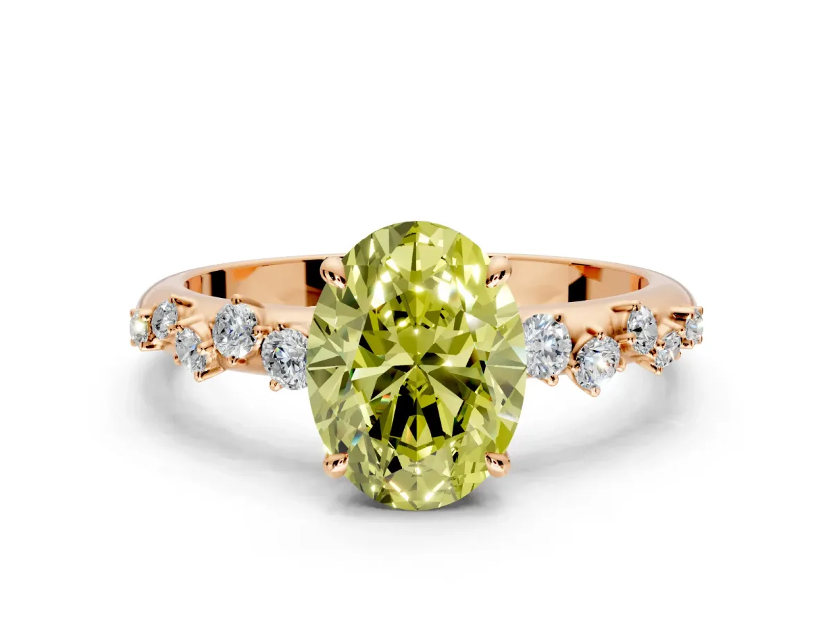 Cluster Engagement Ring Setting for Fancy Yellow Oval Center with Round Cut Accent Band and Prong Head in Rose Gold