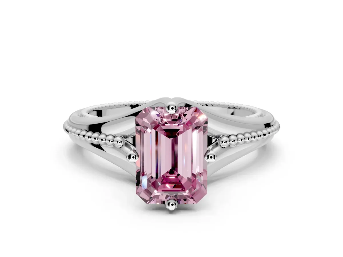 Solitaire Engagement Ring Setting for Fancy Pink Emerald Cut Center with Milgrain Cathedral Band and Prong Head in Sterling Silver