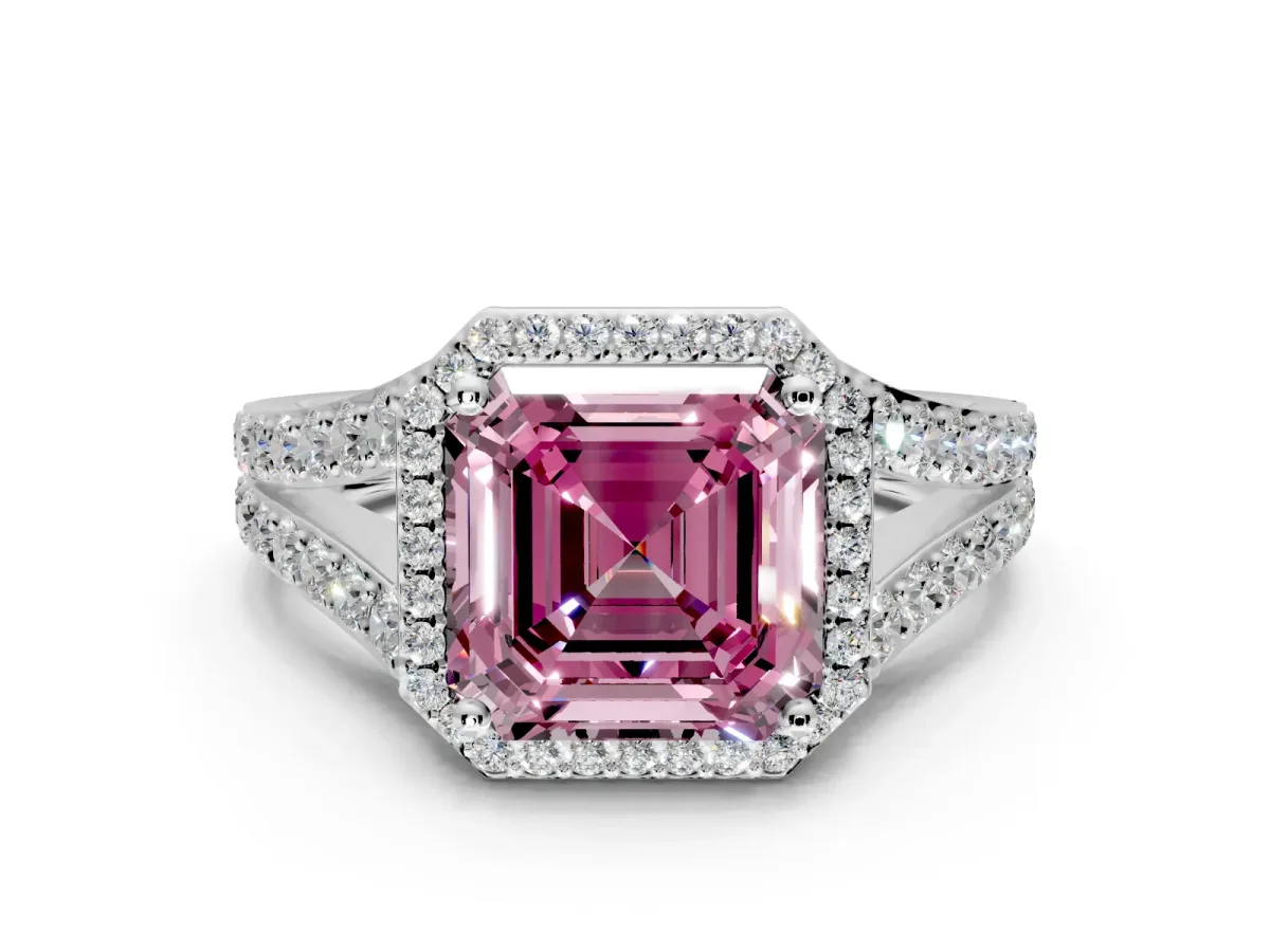 Halo Engagement Ring Setting for Fancy Pink Asscher Cut Center with Narrow Pave Split Shank and Prong Head in Platinum