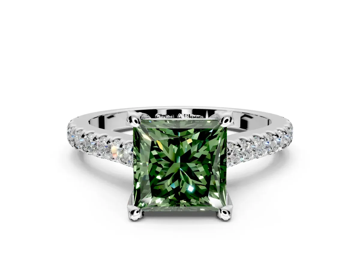Solitaire Engagement Ring Setting for Fancy Green Princess Cut Center with Widening Pave Band and Claw Prong Head in Sterling Silver
