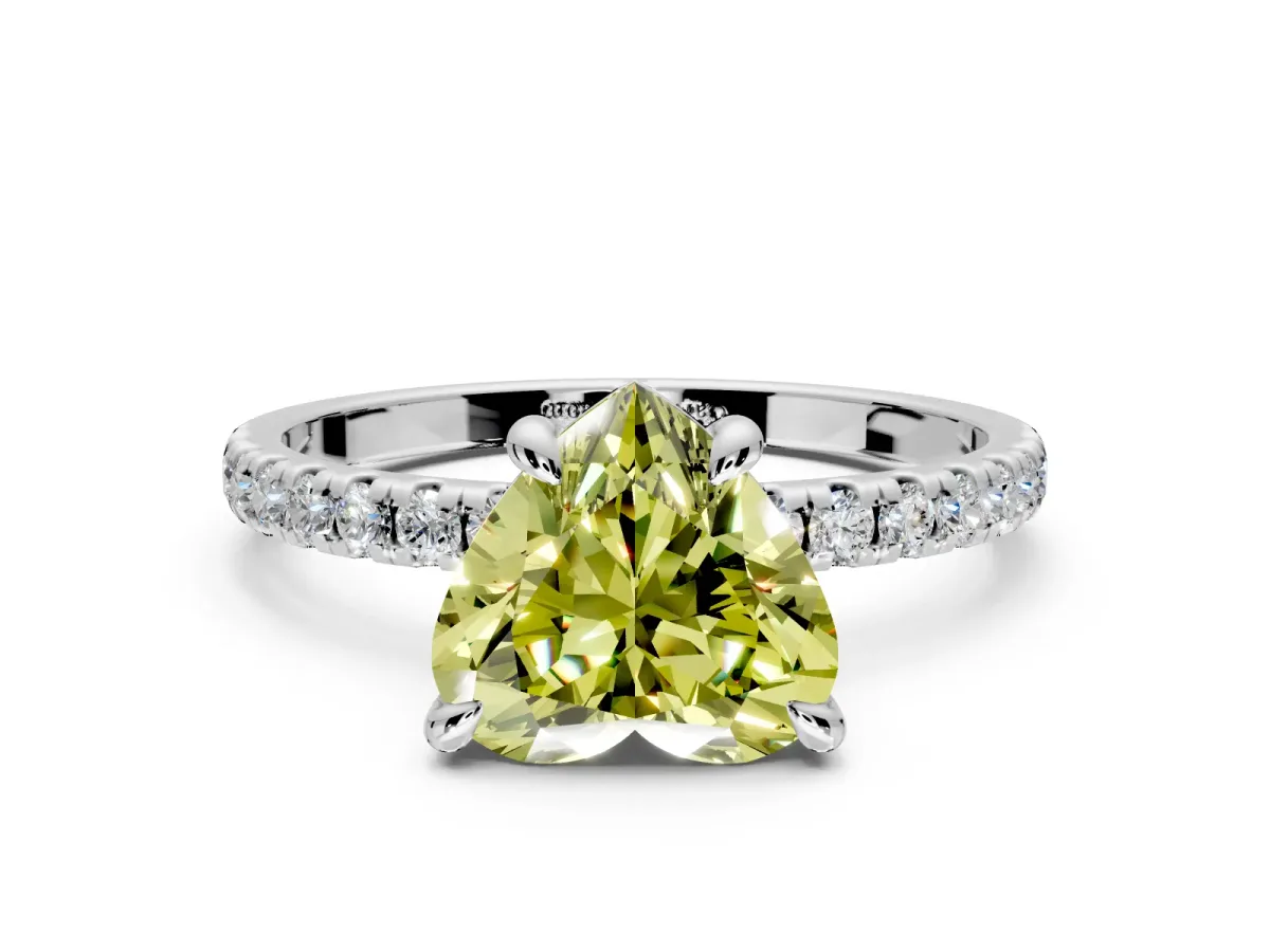 Solitaire Engagement Ring Setting for Fancy Yellow Heart-Shaped Center with Fine Pave Narrow Band and Prong Head in Sterling Silver