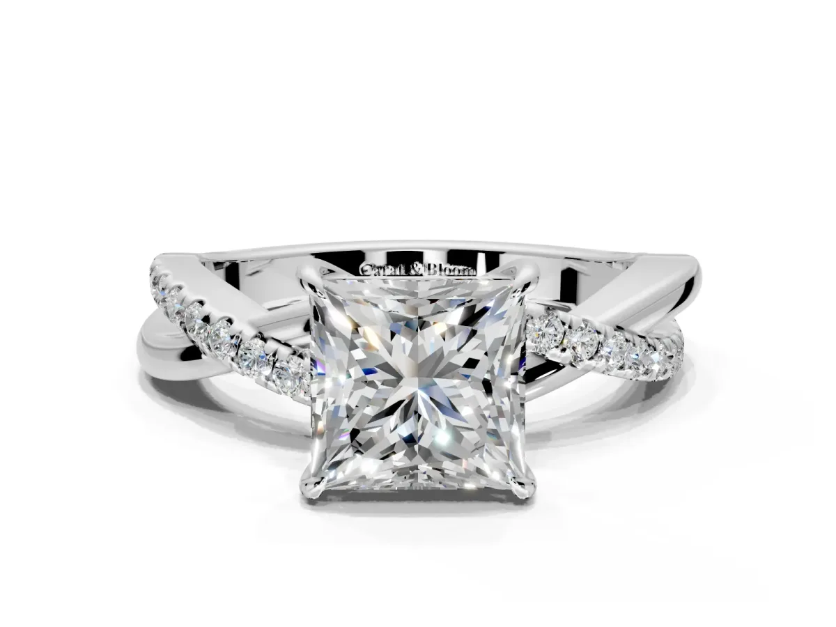 Crossover Engagement Ring Setting for Princess Cut Center with Pave and Plain Strands and Prong Head in Sterling Silver
