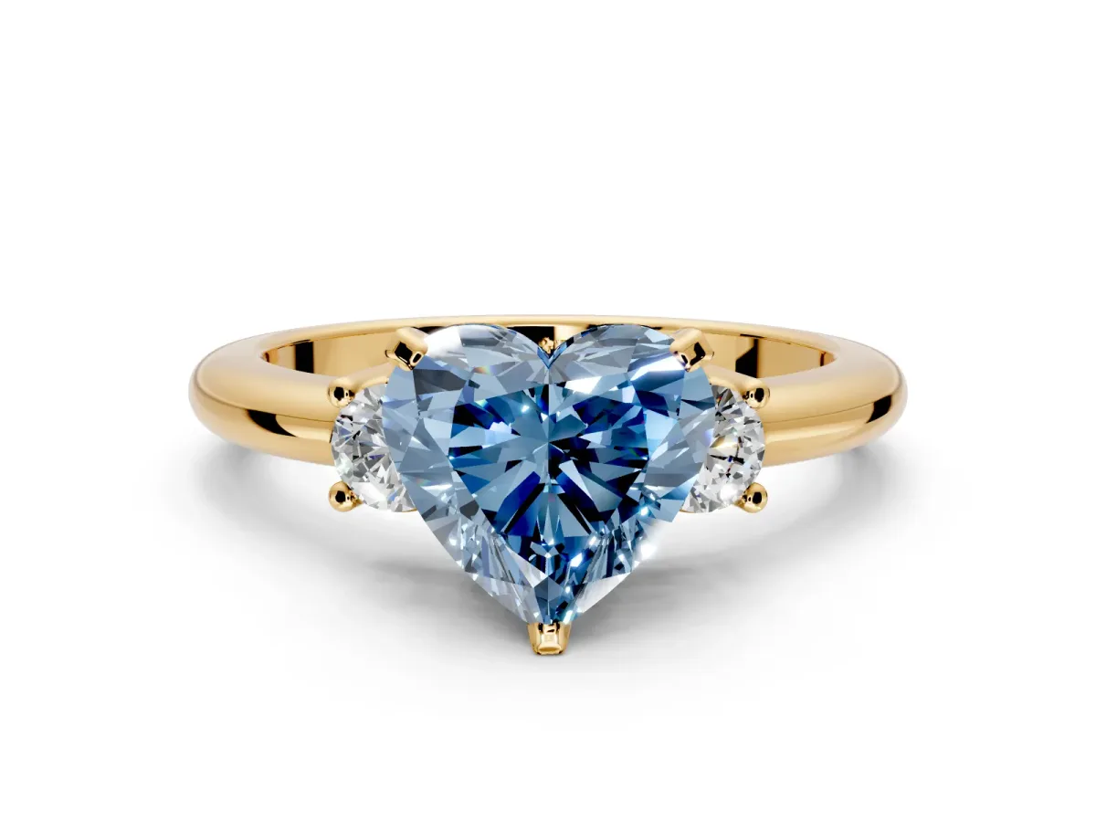 3 Stone Engagement Ring Setting for Fancy Blue Heart-Shaped Center with Wide Plain Band and Prong Head in Yellow Gold