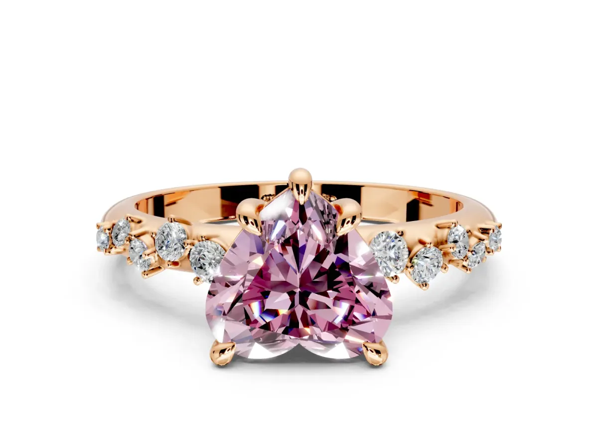 Solitaire Engagement Ring Setting for Fancy Pink Heart-Shaped Center with Trailing Leaf Accent Band and Prong Head in Rose Gold