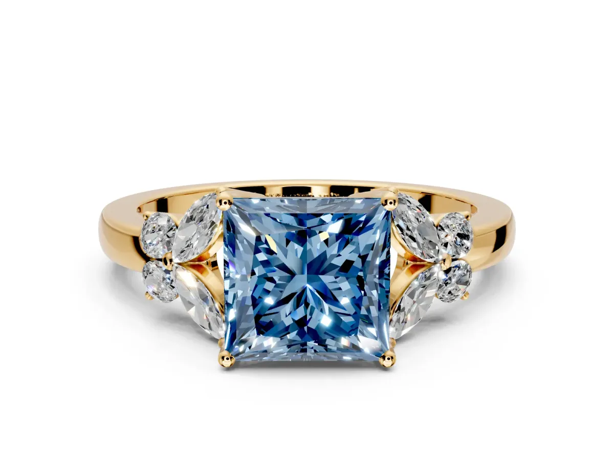 Solitaire Engagement Ring Setting for Fancy Blue Princess Cut Center with Marquise Flower Shoulders and Prong Head in Yellow Gold