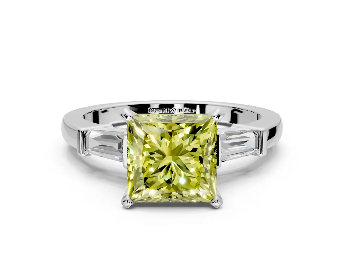 3 Stone Engagement Ring Setting for Fancy Yellow Princess Cut Center with Channel Baguette Accents and Prong Head in Platinum
