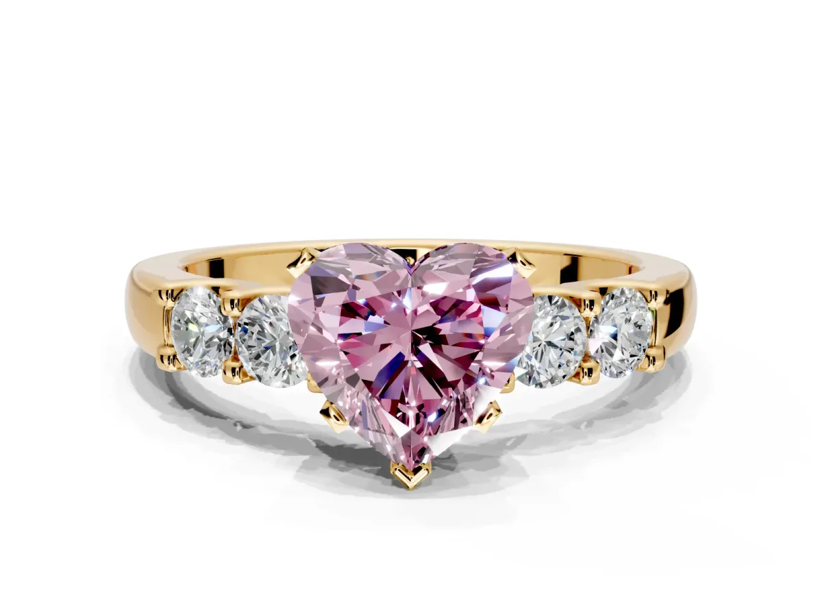 5 Stone Engagement Ring Setting for Fancy Pink Heart-Shaped Center with Plain Band and Prong Head in Yellow Gold