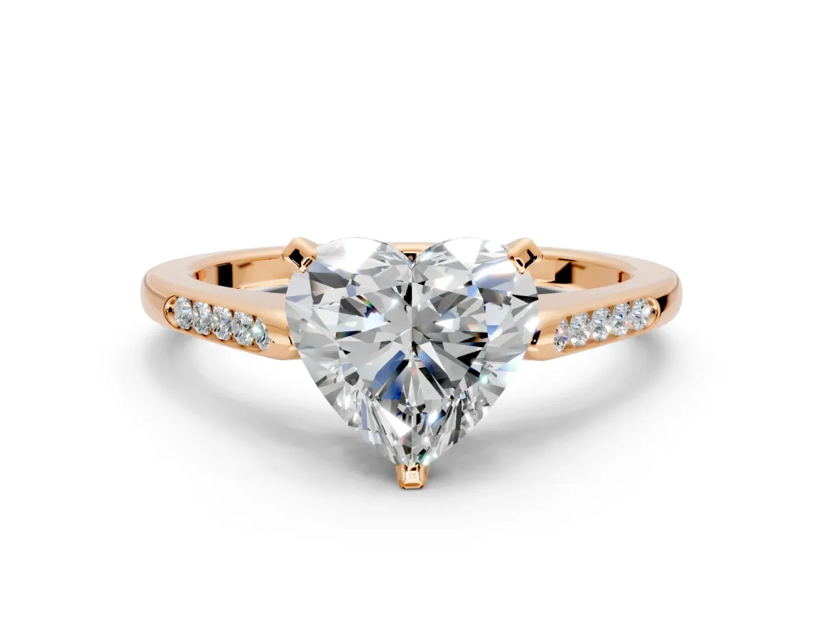 Solitaire Engagement Ring Setting for Heart-Shaped Center with Channel Accents and Prong Head in Rose Gold