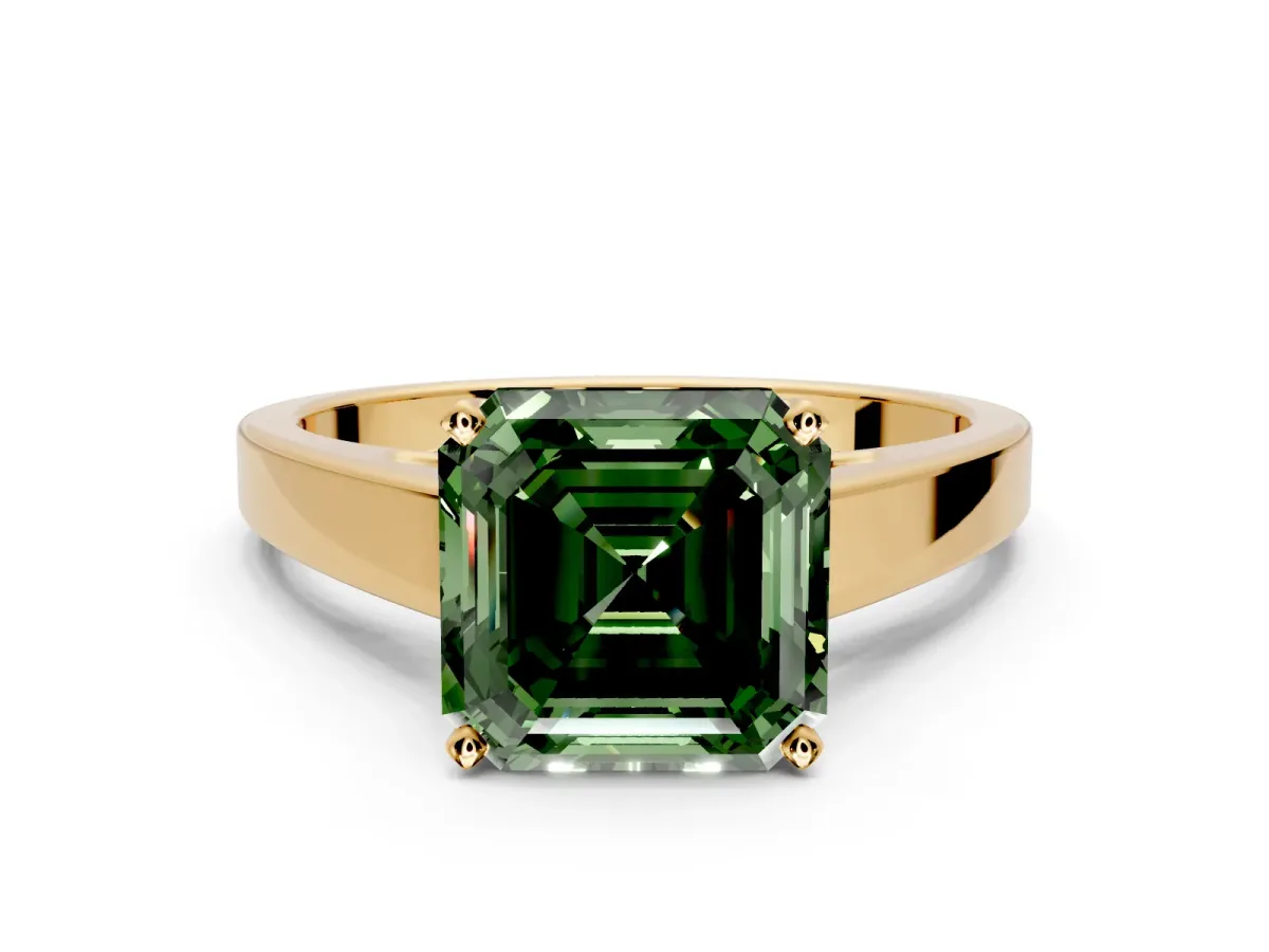 Solitaire Engagement Ring Setting for Fancy Green Asscher Cut Center with Tapered Split Shoulders and Prong Head in Yellow Gold