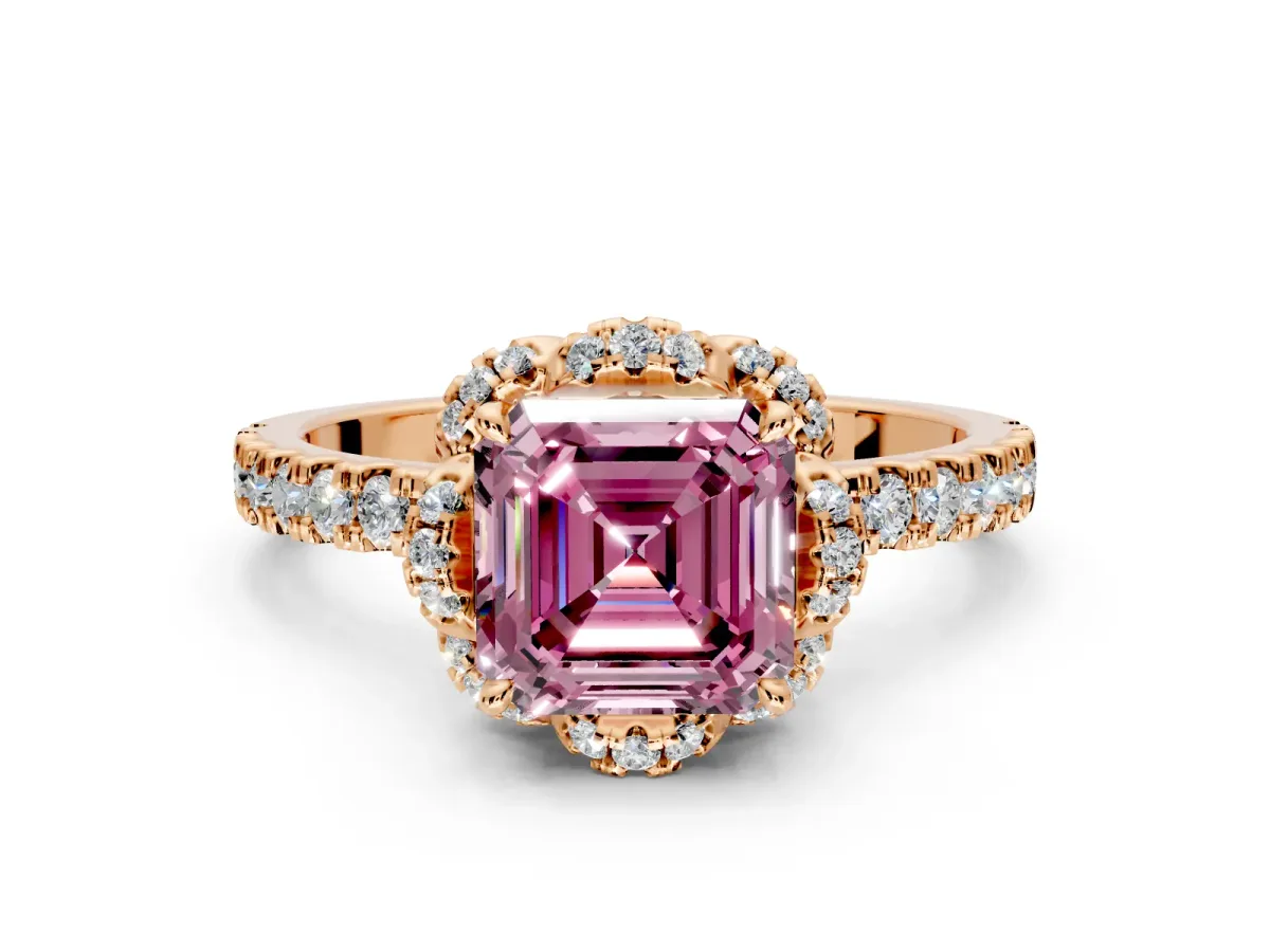 Halo Engagement Ring Setting for Fancy Pink Asscher Cut Center with Openwork Halo, Pave Band and Prong Head in Rose Gold