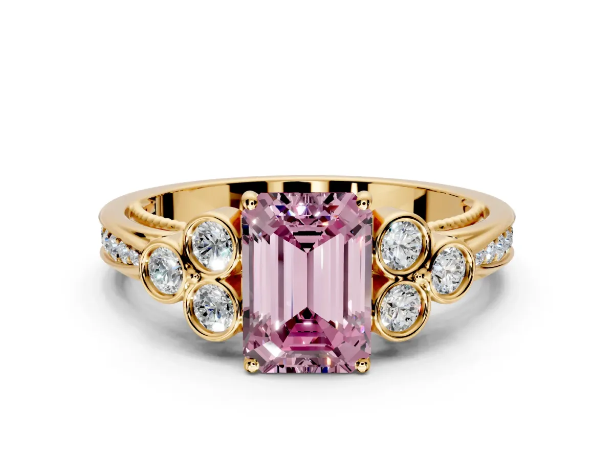 Cluster Engagement Ring Setting for Fancy Pink Emerald Cut Center with Bezel Accent Clusters and Prong Head in Yellow Gold
