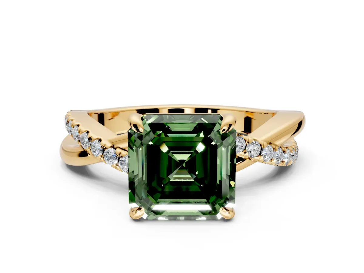 Solitaire Engagement Ring Setting for Fancy Green Asscher Cut Center with Half-Pave Crossover Band and Prong Head in Yellow Gold