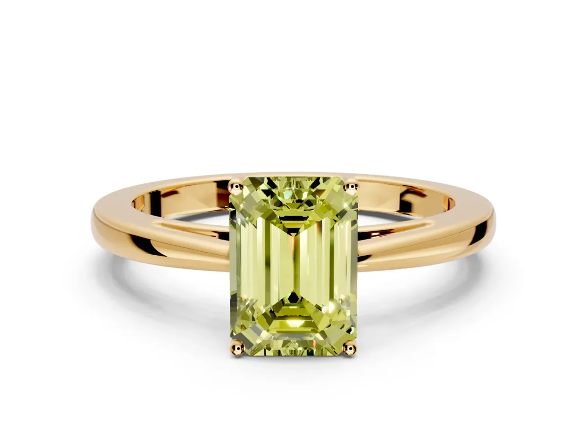 Solitaire Engagement Ring Setting for Fancy Yellow Emerald Cut Center with Open Cathedral Shoulders and Prong Head in Yellow Gold
