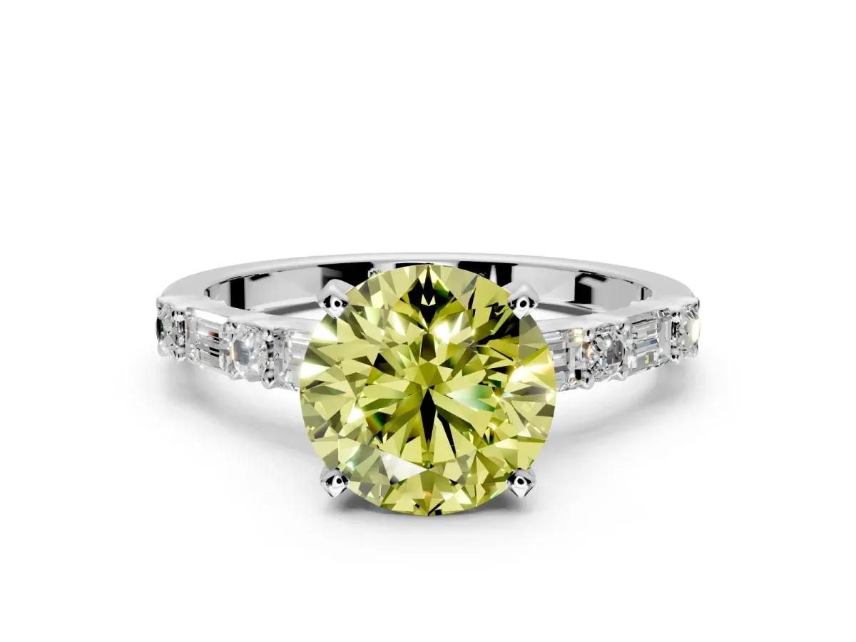 Baguette Engagement Ring Setting for Fancy Yellow Round Cut Center with Alternating Bar-Set Band and Prong Head in Platinum