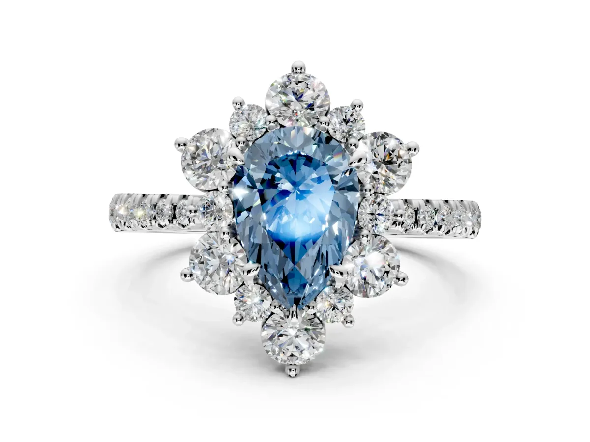 Floral Halo Engagement Ring Setting for Fancy Blue Pear-Shaped Center with Pave Accents and Prong Head in Platinum