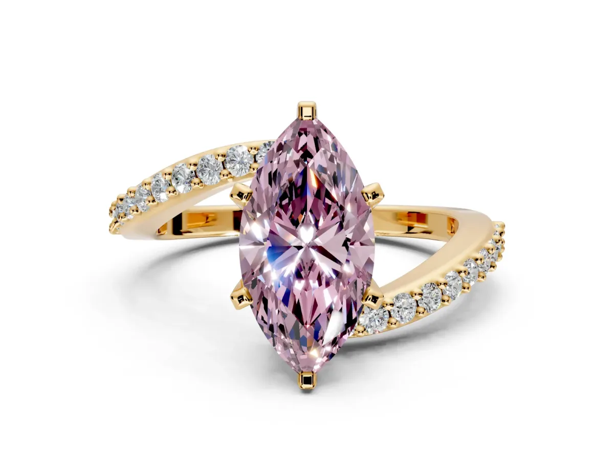 Solitaire Engagement Ring Setting for Fancy Pink Marquise Center with Pave Bypass Swirl Band and Prong Head in Yellow Gold