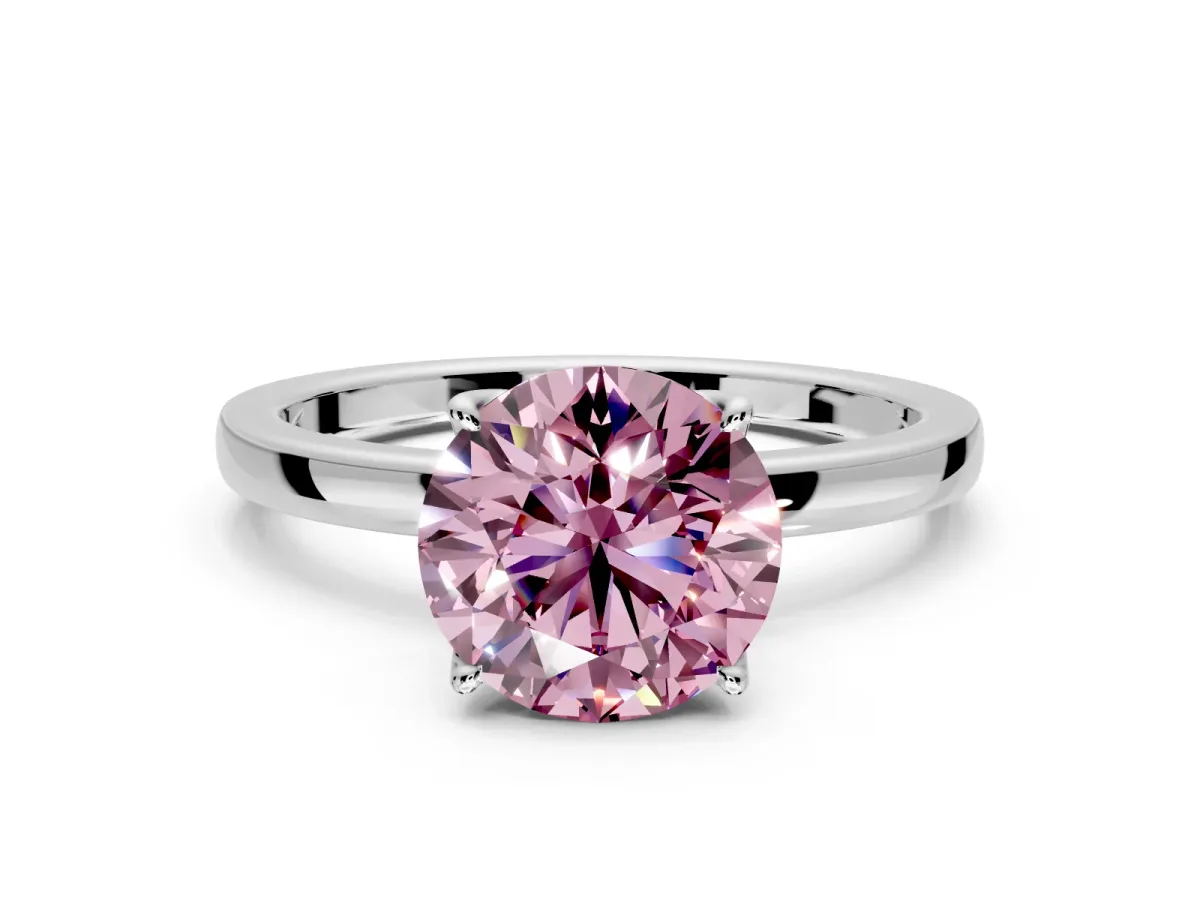 Solitaire Engagement Ring Setting for Fancy Pink Round Cut Center with Thin Rounded Plain Band and Prong Head in White Gold