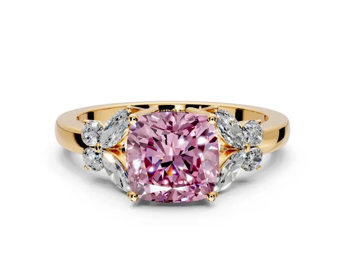 Solitaire Engagement Ring Setting for Fancy Pink Cushion Cut Center with Marquise Flower Shoulders and Prong Head in Yellow Gold
