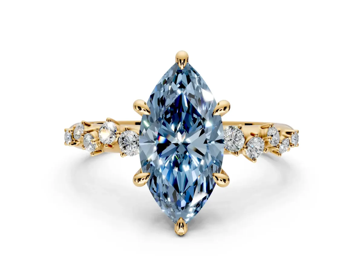 Solitaire Engagement Ring Setting for Fancy Blue Marquise Center with Trailing Leaf Accent Band and Prong Head in Yellow Gold
