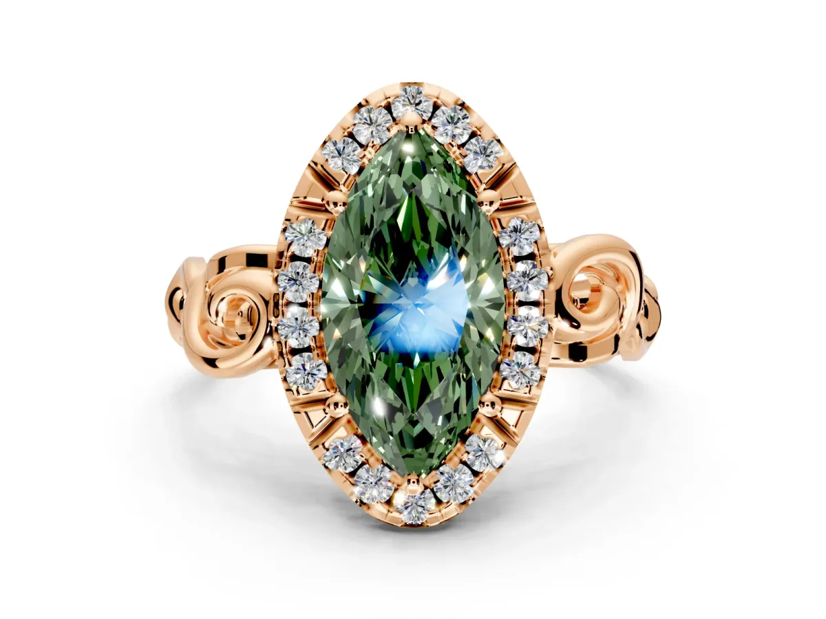 Halo Engagement Ring Setting for Fancy Green Marquise Center with Open Scroll Shoulders and Prong Head in Rose Gold