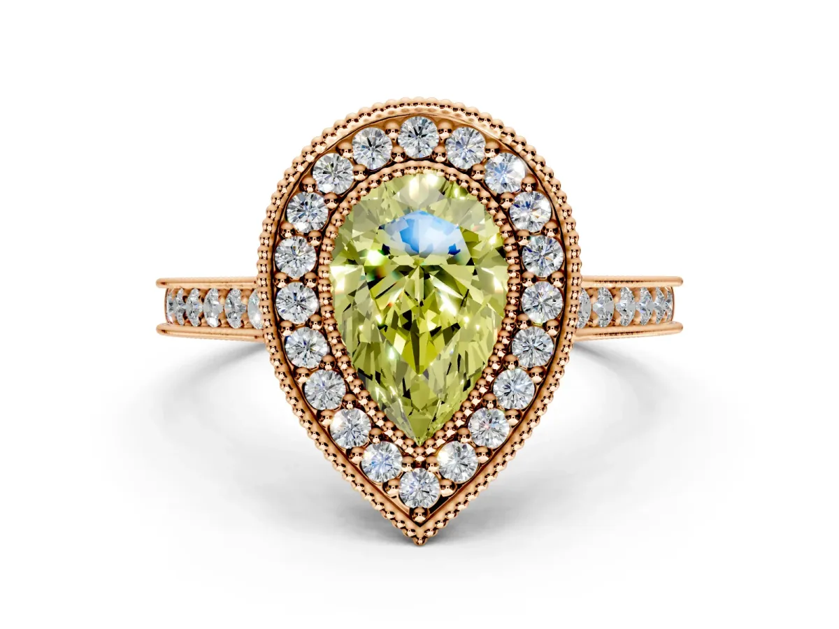 Halo Engagement Ring Setting for Fancy Yellow Pear-Shaped Center with Milgrain Pave Band and Bezel Head in Rose Gold