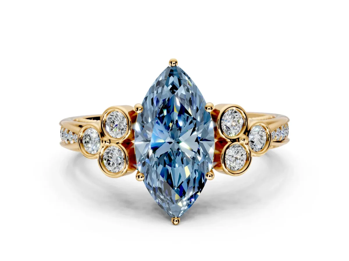 Cluster Engagement Ring Setting for Fancy Blue Marquise Center with Bezel Accent Clusters and Prong Head in Yellow Gold