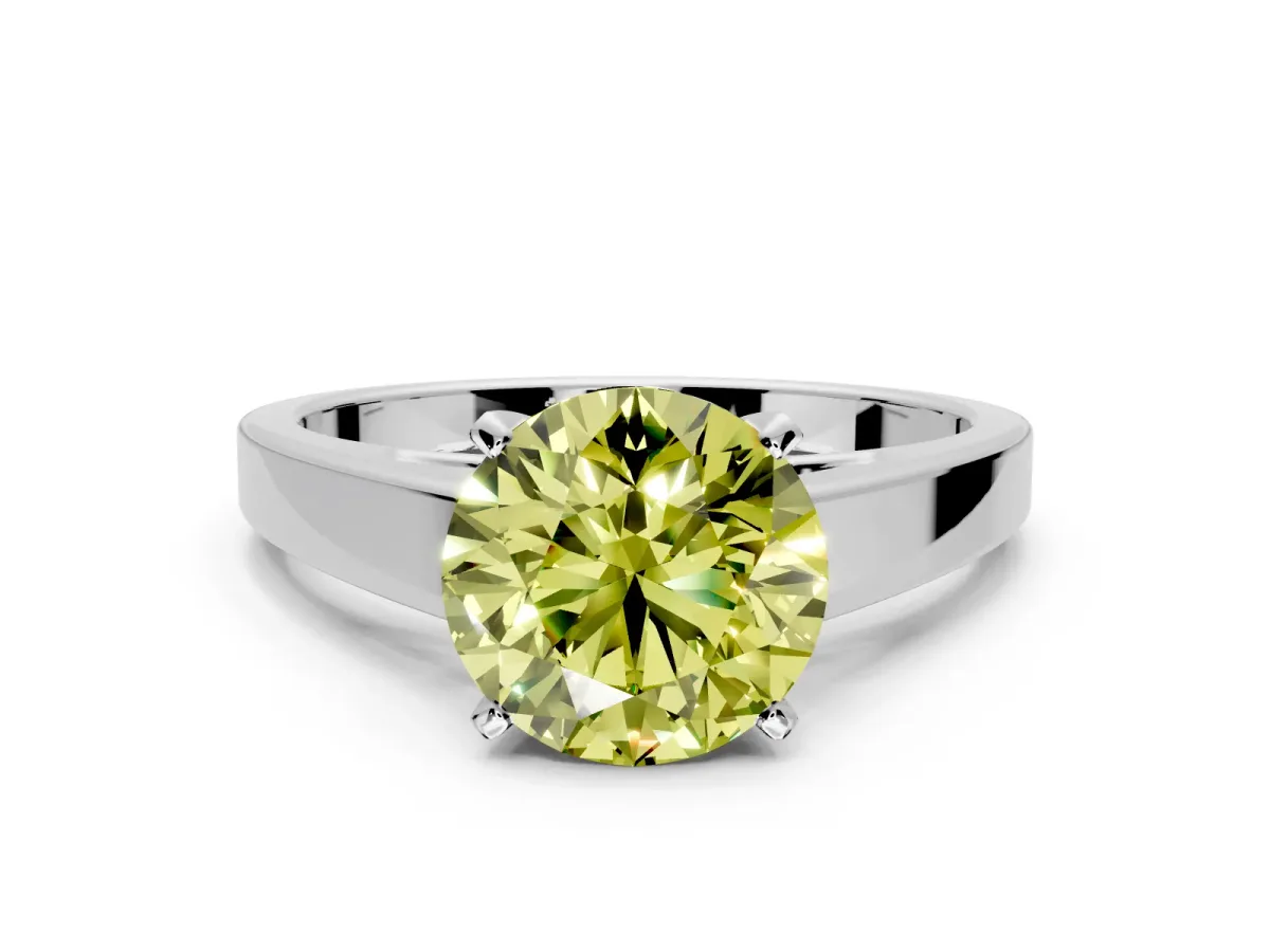 Solitaire Engagement Ring Setting for Fancy Yellow Round Cut Center with Tapered Split Shoulders and Prong Head in Platinum