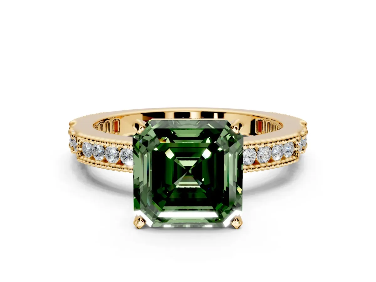 Solitaire Engagement Ring Setting for Fancy Green Asscher Cut Center with Milgrain-Edged Pave Band and Prong Head in Yellow Gold