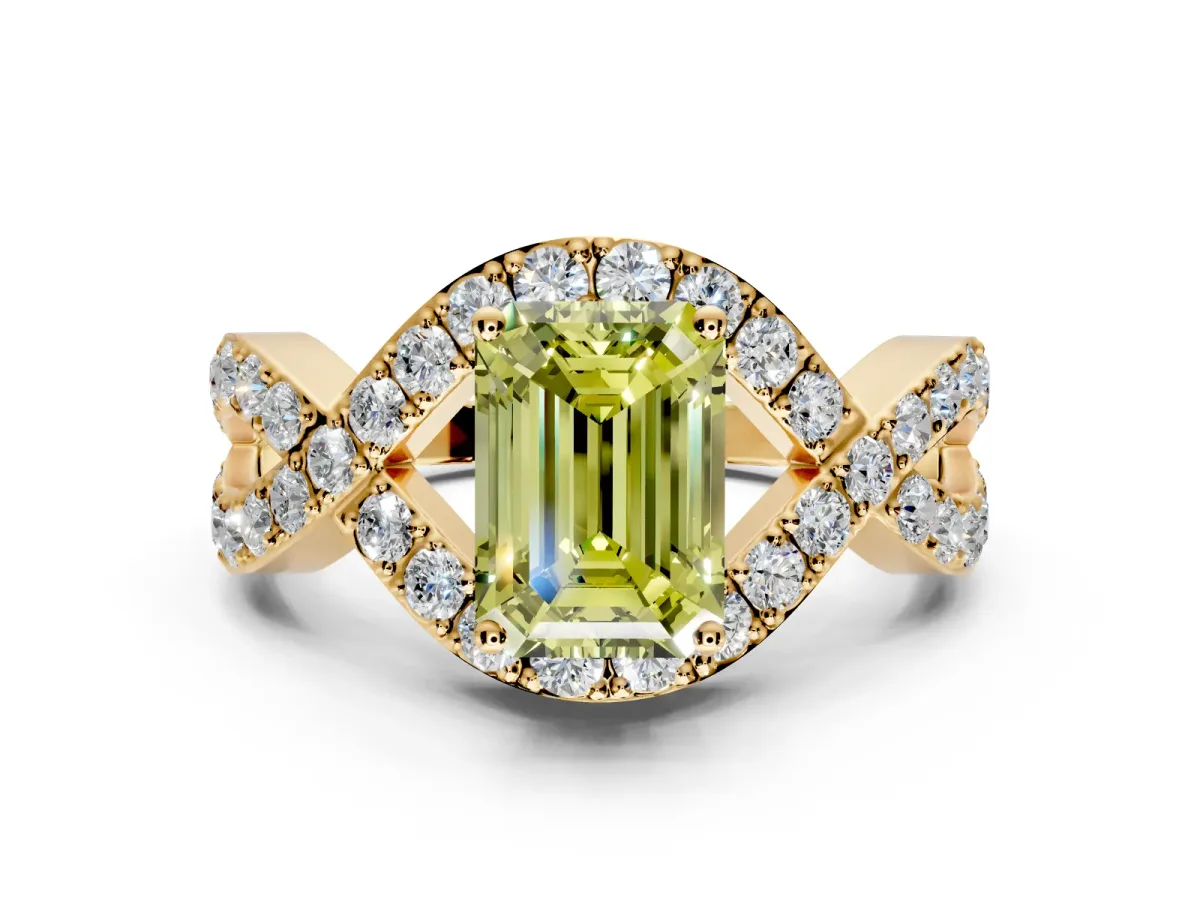 Halo Engagement Ring Setting for Fancy Yellow Emerald Cut Center with Pave Infinity Twist Band and Prong Head in Yellow Gold