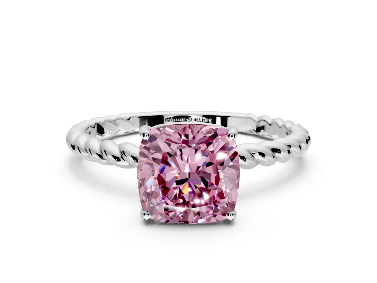 Solitaire Engagement Ring Setting for Fancy Pink Cushion Cut Center with Plain Twisted Rope Band and Prong Head in Sterling Silver