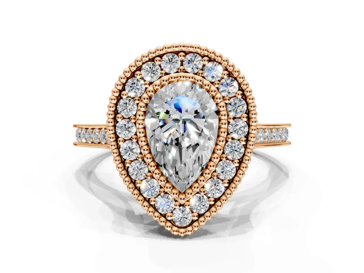 Halo Engagement Ring Setting for Pear-Shaped Center with Milgrain Frame, Pave Band and Prong Head in Rose Gold