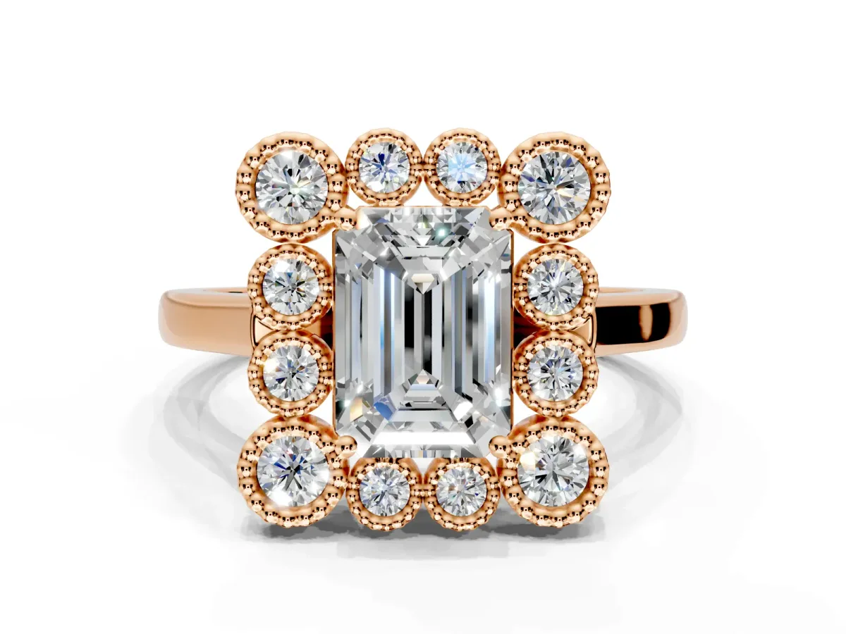 Cluster Halo Engagement Ring Setting for Emerald Cut Center with Milgrain Bezel Accents and Prong Head in Rose Gold