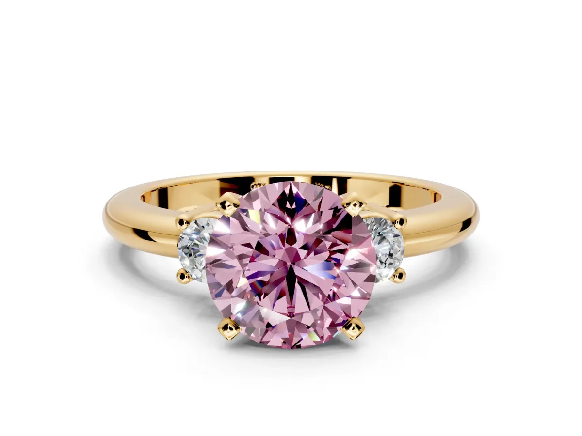 3 Stone Engagement Ring Setting for Fancy Pink Round Cut Center with Wide Plain Band and Prong Head in Yellow Gold