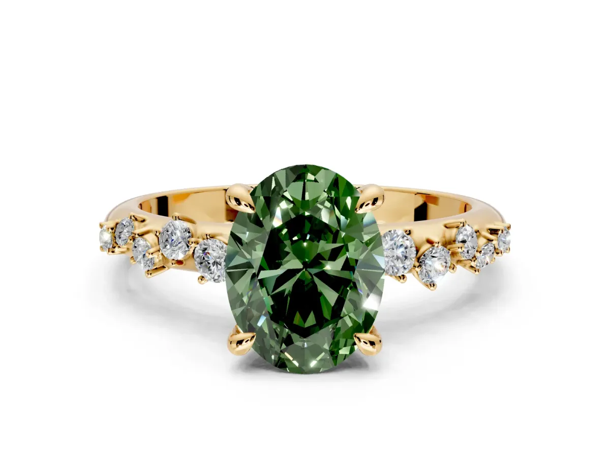 Solitaire Engagement Ring Setting for Fancy Green Oval Center with Trailing Leaf Accent Band and Prong Head in Yellow Gold