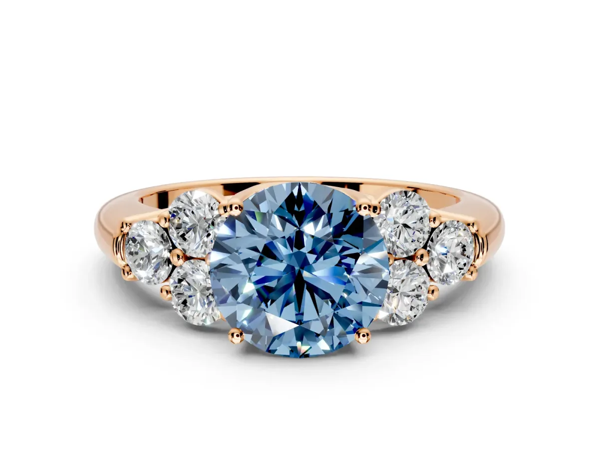 Cluster Engagement Ring Setting for Fancy Blue Round Cut Center with Round Cut Accent Frame and Prong Head in Rose Gold