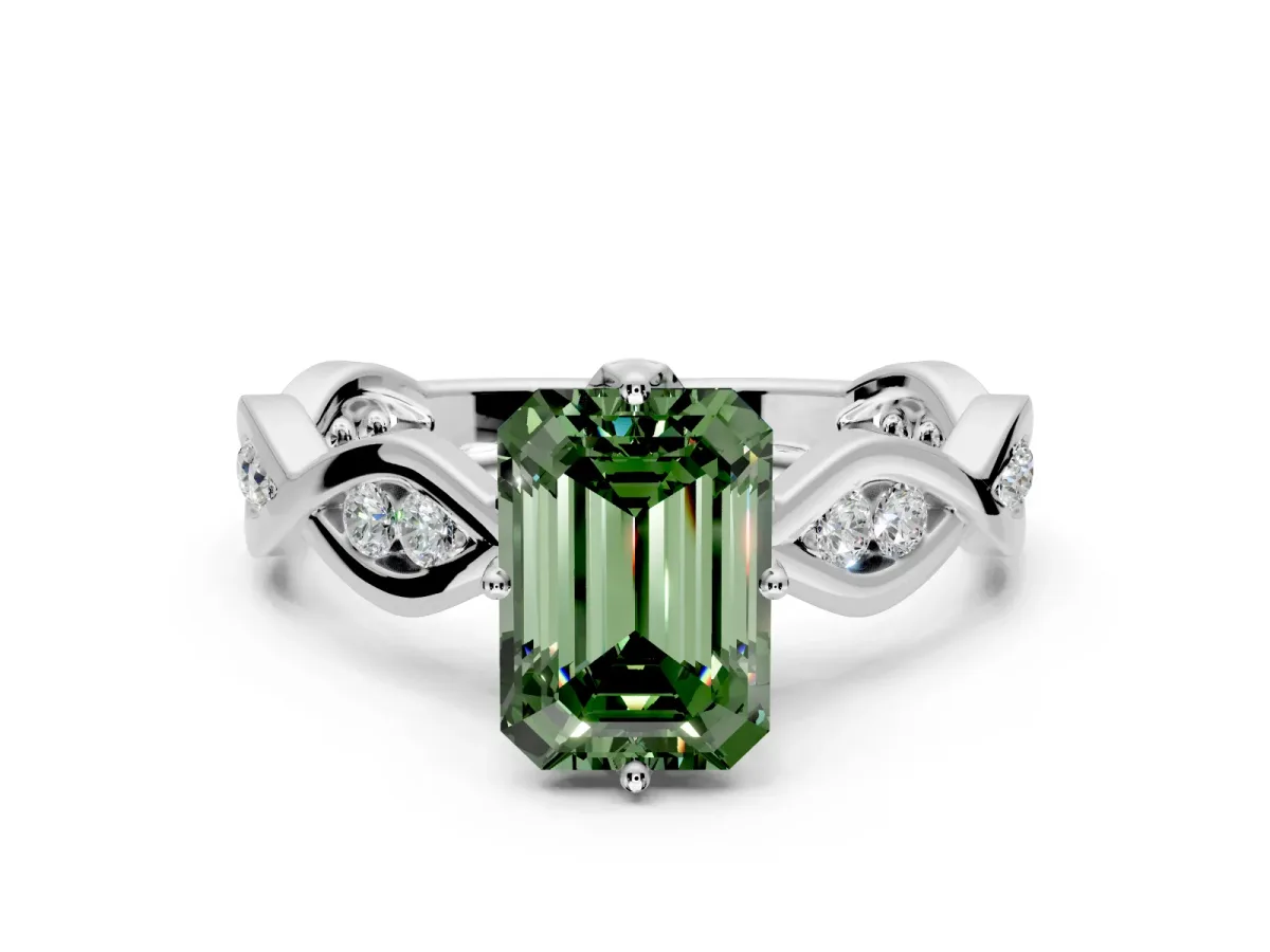 Solitaire Engagement Ring Setting for Fancy Green Emerald Cut Center with Accented Twist Band and Leaf Prong Head in Platinum