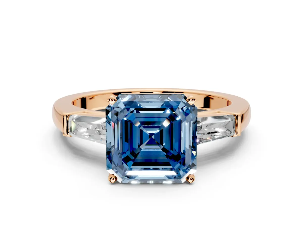 3 Stone Engagement Ring Setting for Fancy Blue Asscher Cut Center with Tapered Baguettes, Plain Band and Prong Head in Rose Gold