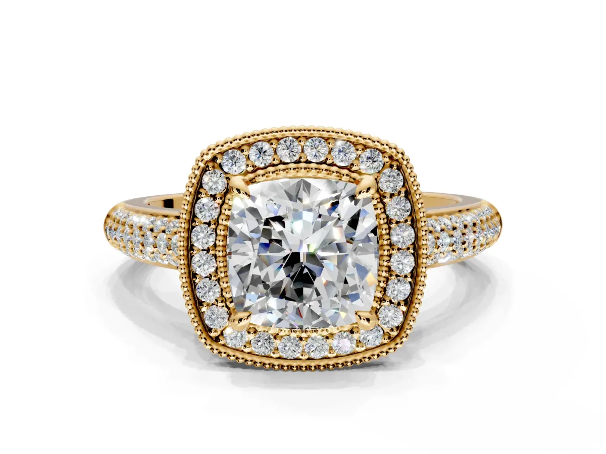 Milgrain Halo Engagement Ring Setting for Cushion Cut Center with Three-Sided Pave Band and Prong Head in Yellow Gold