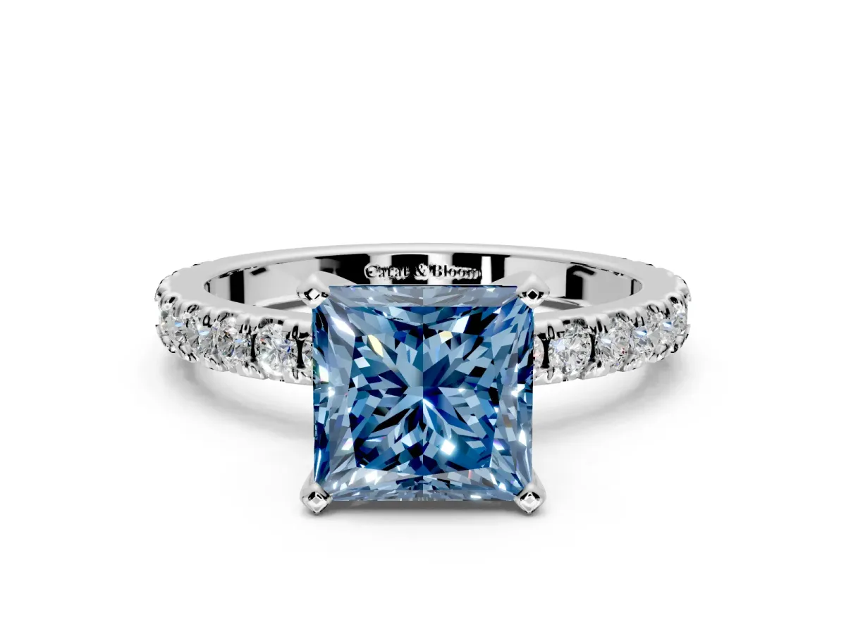 Solitaire Engagement Ring Setting for Fancy Blue Princess Cut Center with Fine Pave Band and Claw Prong Head in Sterling Silver