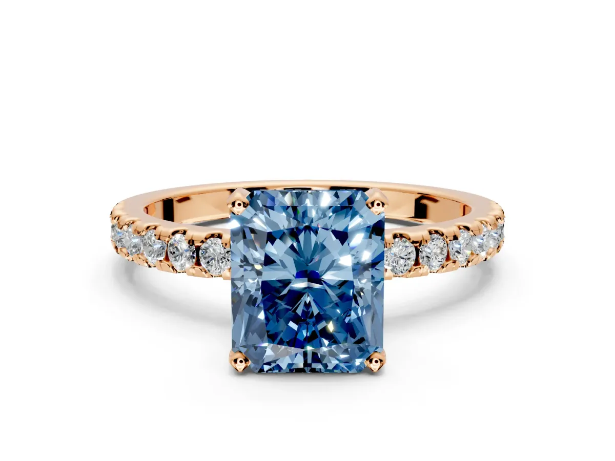 Solitaire Engagement Ring Setting for Fancy Blue Radiant Cut Center with Band of Accents and Prong Head in Rose Gold