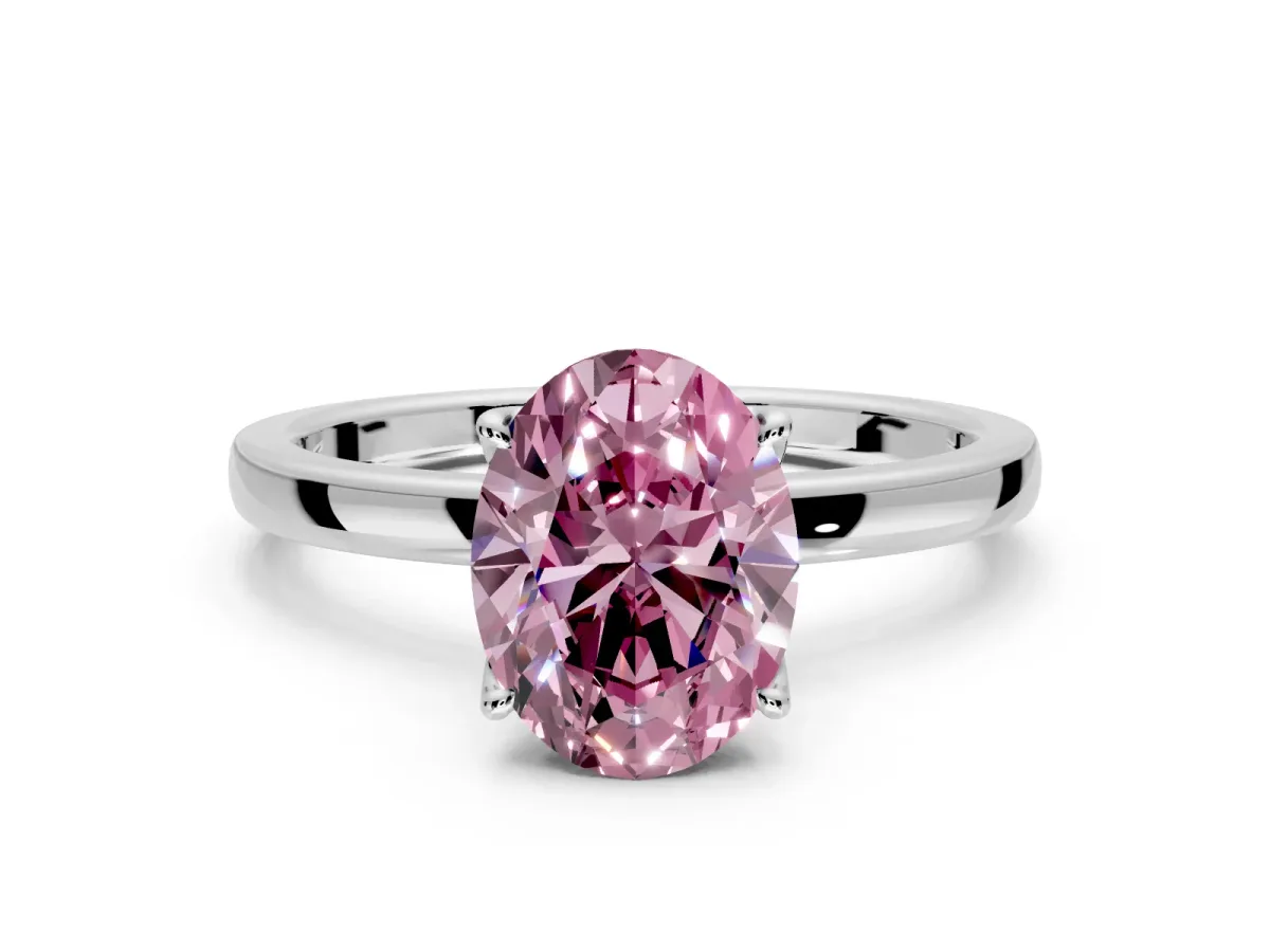 Solitaire Engagement Ring Setting for Fancy Pink Oval Center with Thin Rounded Plain Band and Prong Head in Platinum