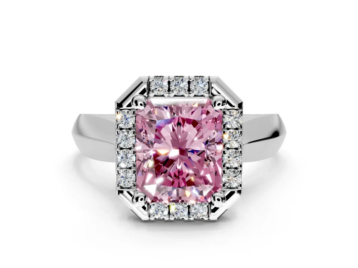 Halo Engagement Ring Setting for Fancy Pink Radiant Cut Center with Square Band and Prong Head in White Gold